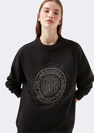 1600367-900Mavi M Baskılı Siyah Kadın Sweatshirt